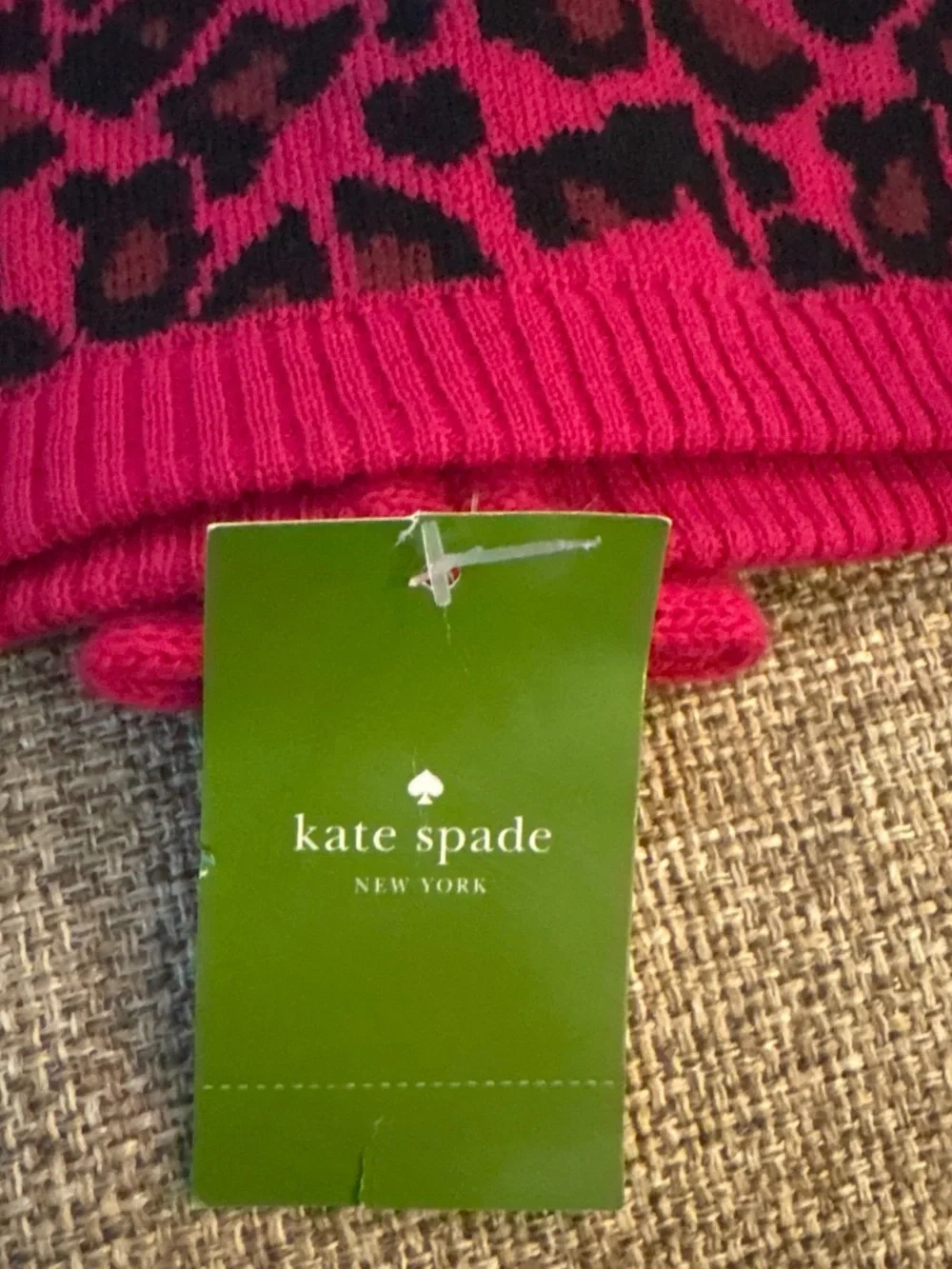 kate spade Pink and Black Leopard Print Knit Beanie with Bow